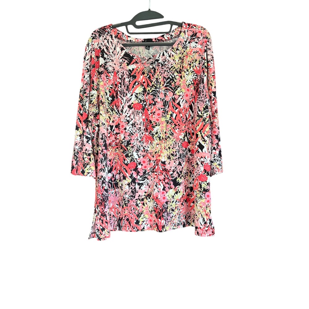 Links Womens Pink Floral Abstract 3/4 Sleeve Lattice Neck Top Size Large Office